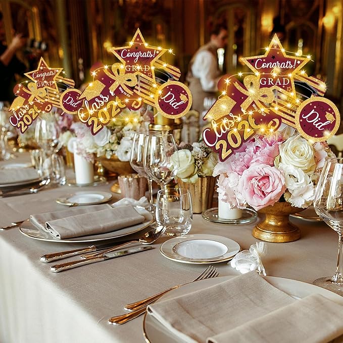 OuMuaMua Graduation Decorations Class of 2026-30pcs Maroon Gold Graduation Table Centerpieces Sticks Table Toppers with Lights for College High School Congrats Grad Party Supplies