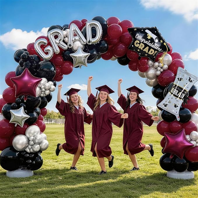Red Graduation Balloons Garland Arch Kit, 115PCS Red Black Silver Graduation Star Print Cap Certificate Grad Foil Balloon with Silver Explosion Star Balloon for Graduate Class of 2026 Prom Party Decor