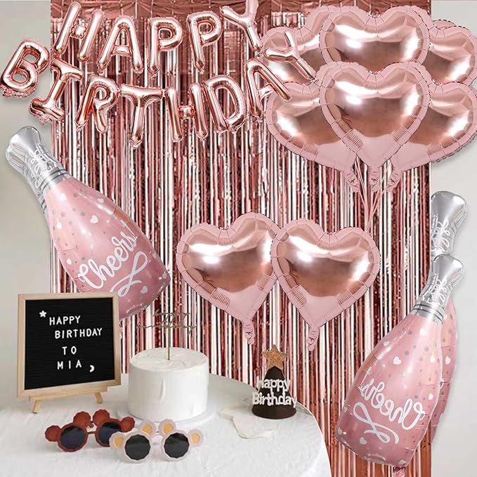 Rose Gold Balloons Foil Curtains 29 Pcs Rose Gold Party Decor Rose Foil Helium Wine Balloons Boy Birthday Party Decorations for Girls Women Party Supplies