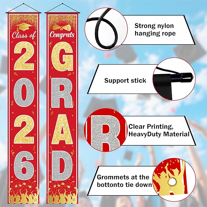 OHOME Graduation Decorations 2026 - Red Gold Congrats Grad Porch Banner for Graduation Party Decorations - Class of 2026 - Party Favors Supplies Backdrop Yard Signs Decor (Red)