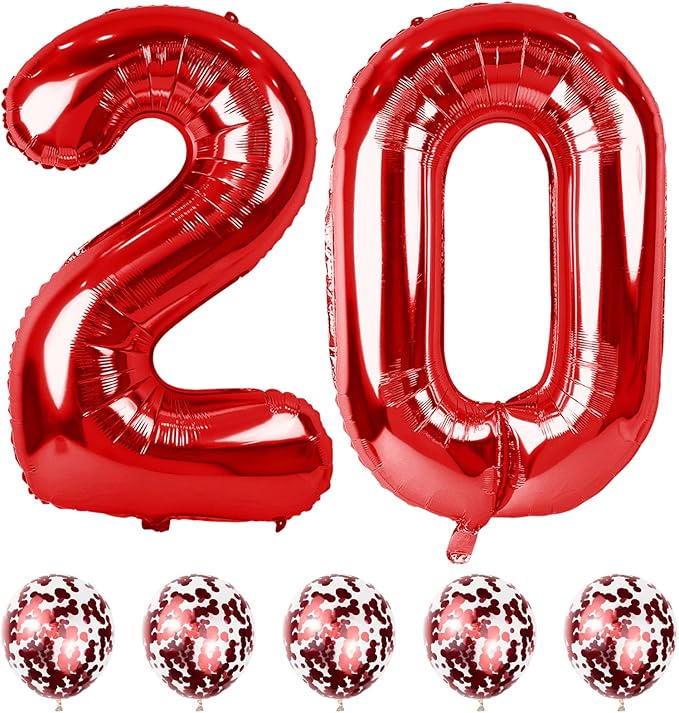 Red 20 Balloon Number, 40 Inch 20th Birthday Balloons with Confetti Helium Latex Balloons, Jumbo Digital 0 and 2 Mylar Foil Balloons for Boys Girls 2nd 20th Birthday Anniversary Party Decorations