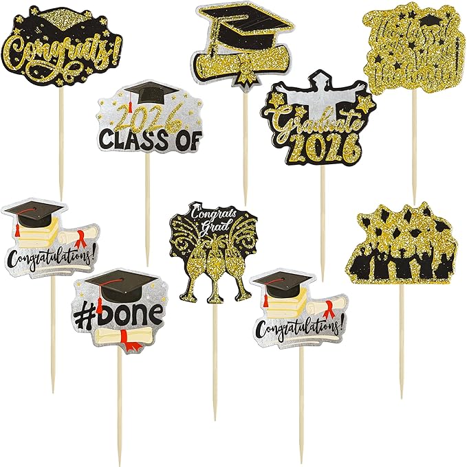 Gyufise 36Pcs 2026 Graduation Cupcake Toppers Glitter Class of 2026 Diploma Graduation Cap Cupcake Picks Class of 2026 Cake Decorations for 2026 Grad Theme Party Supplies