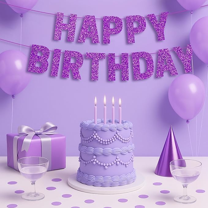 Pre-strung Happy Birthday Banner - No DIY - Purple Glitter Happy Birthday Party Banner for Girls & Women - Pre-strung on 8 ft Strands - Purple Bday Party Decorations & Decor. Did We Mention No DIY