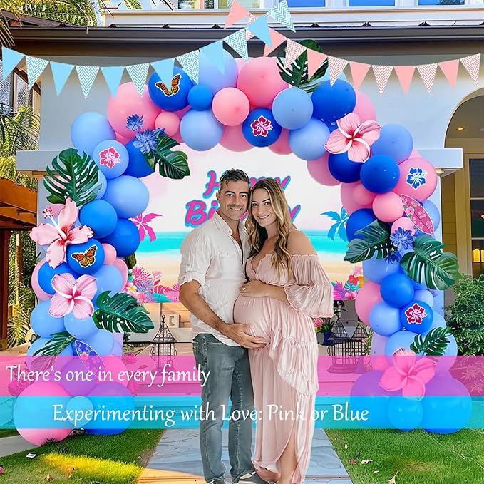 Pastel Pink and Blue Balloon Garland Arch with paper cards banner backdrop Artificial Palm Leaves for kids cartoon Hawaii gender reveal Baby shower birthday halloween trunk or treat party decorations