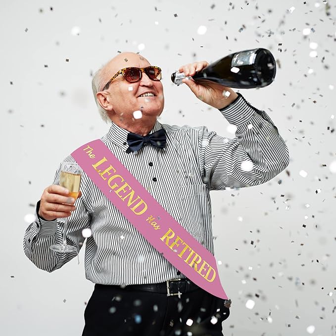 The Legend Has Retired Sash – Elegant Pink and Gold Foil Legendary Sash for Both Women and Men & a Large Gold Safety Pin. Perfect for Retirement Parties by JPACO