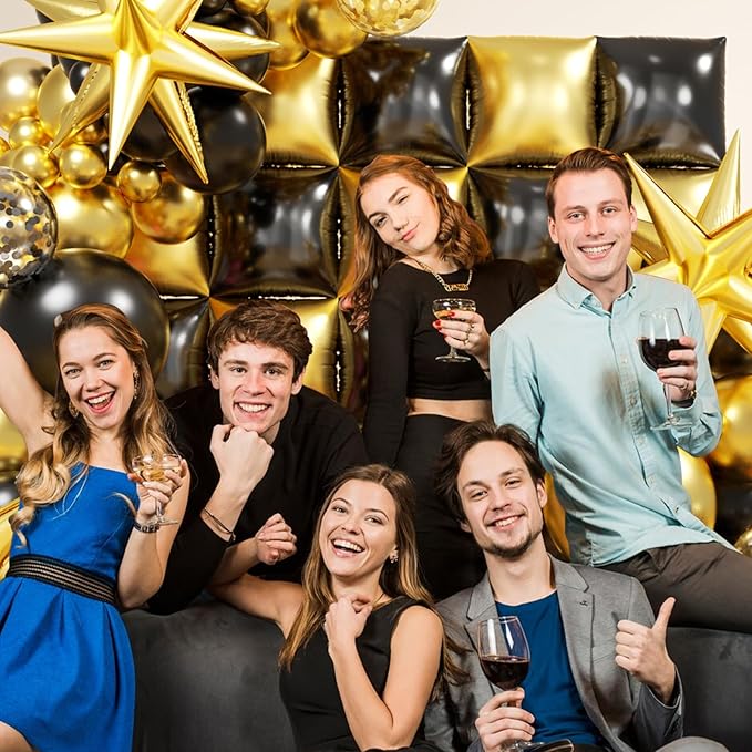 Black and Gold Checkered Square Foil Balloons Backdrop Wall, Double Sided Tunnel with Gold Black Balloon Arch Garland Kit for Birthday Graduation New Year Graduation Party Decoration