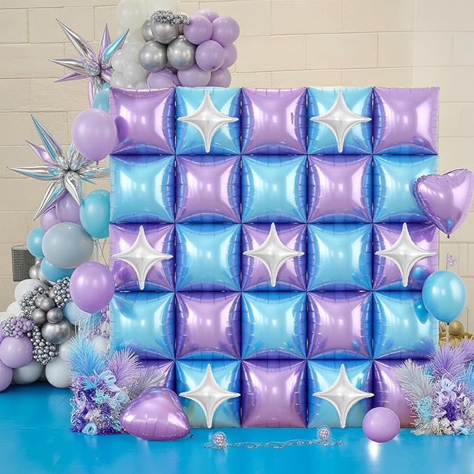32PCS Blue and Purple Square Foil Balloons Wall with Star Foil Balloon, Double Sided Frozen Snowflake Light Purple Blue Balloon Backdrop Tunnel Arch Kit for Winter Birthdays Under the Sea Theme Decor