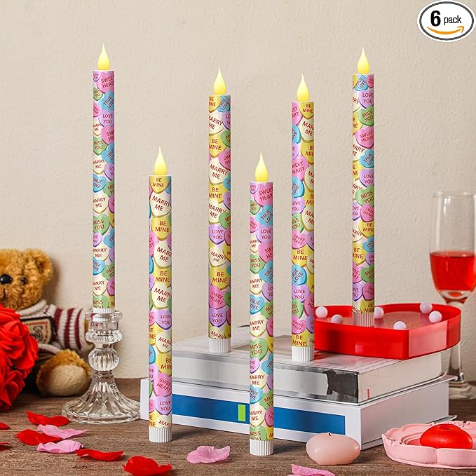 Honoson 6 Pcs Conversation Heart Decor 10.6 Inch Valentine Day Flameless Taper Candles Battery Operated LED Candlesticks for Conversation Hearts Party Valentine Wedding Anniversary Dinner Table Decor