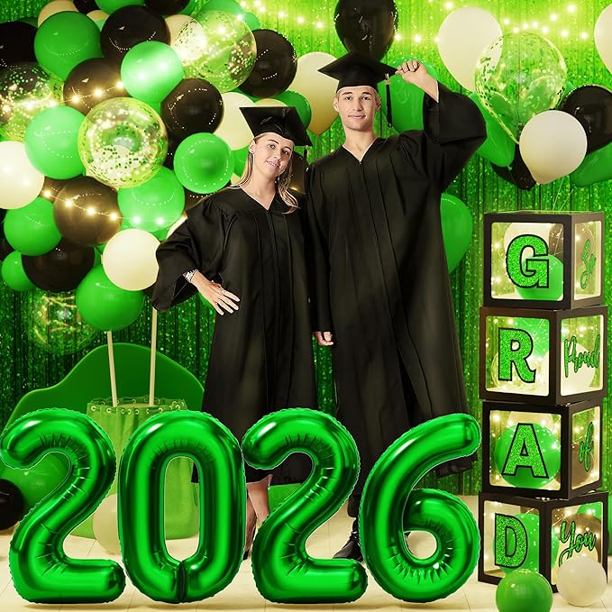 Graduation Party Decoration Class of 2026, 86PCS Green & Black Graduation Party Supplies High School College Grad Balloon Boxes with Letter, Foil Curtain, LED String Light, Balloon Garland Kit
