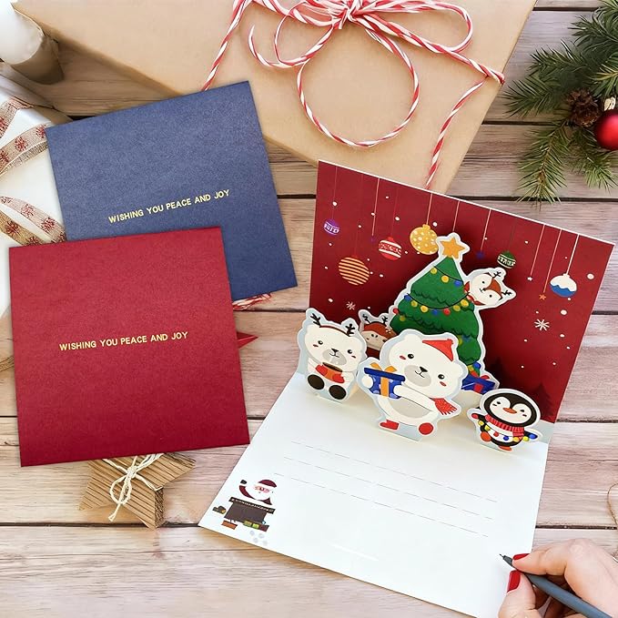 4 Christmas Cards Pack Small Pop Up Christmas Gift Cards with 24 Envelopes Stickers,3D Cute Holiday Greeting Card Santa Snowman,can be given to friends, family, children, boys and girls (baise)