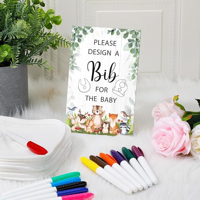 Panitay 43 Pcs Baby Shower Games White Bibs Design, Include Wooden Baby Shower Game Sign, 30 DIY Blank White Bibs, 12 Markers for Gender Reveal Party Decorating Supplies(Woodland Animal)