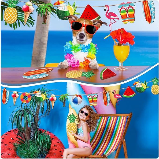 Chunful 30 Pieces Summer Tree Ornaments Christmas in July Wood Hanging Decoration Beach Wooden Slices Winter Tree Ornaments with String for Luau Hawaiian Party Supplies (Cute Style)