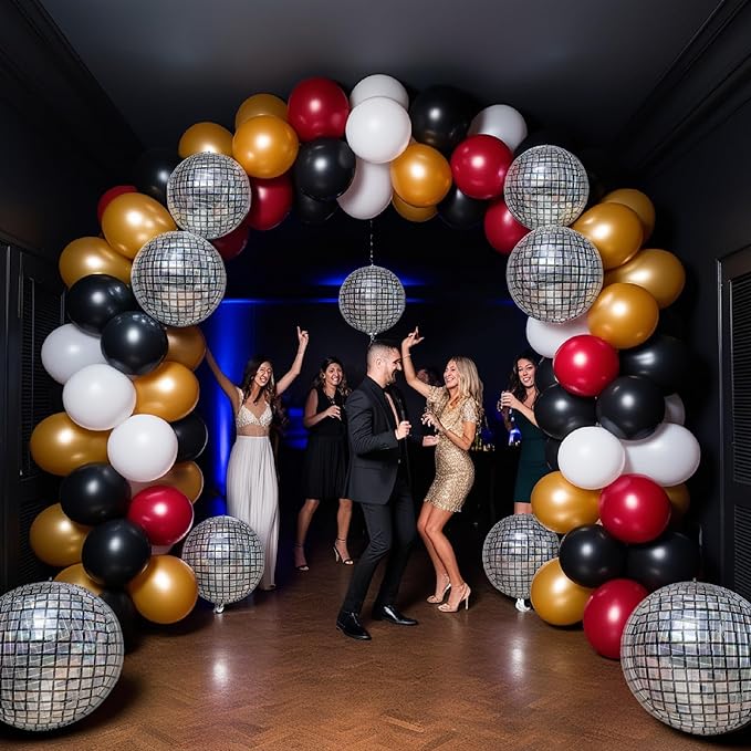 Inflatable Disco Ball Balloons Pack of 24 - 22” Silver Mylar Foil Disco Party Balloons with Star Balloons, Ribbon & Pipe for New Year's Disco Ball Decorations Party, Bachelorette, Birthday Décor