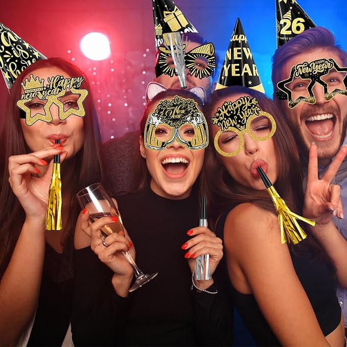 Openfly 24Pcs New Years Eve Party Supplies 2026 Happy New Years Party Headband Hats New Year Glasses New Year Noise Makers