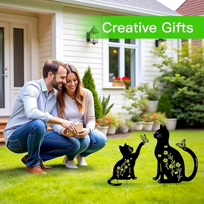 Cat Metal Decorative Garden Stakes,Gifts for Women/Men/Cat Lovers,Black Silhouette Statues Spring Garden Decor for Outdoor, Yard Art, Outside,Patio,Forests,Lawn Ornaments