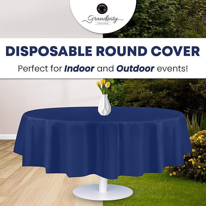 Grandipity 12 Pack Premium Disposable Plastic Tablecloth 84" Inch Decorative Round Table Cover - Navy Blue