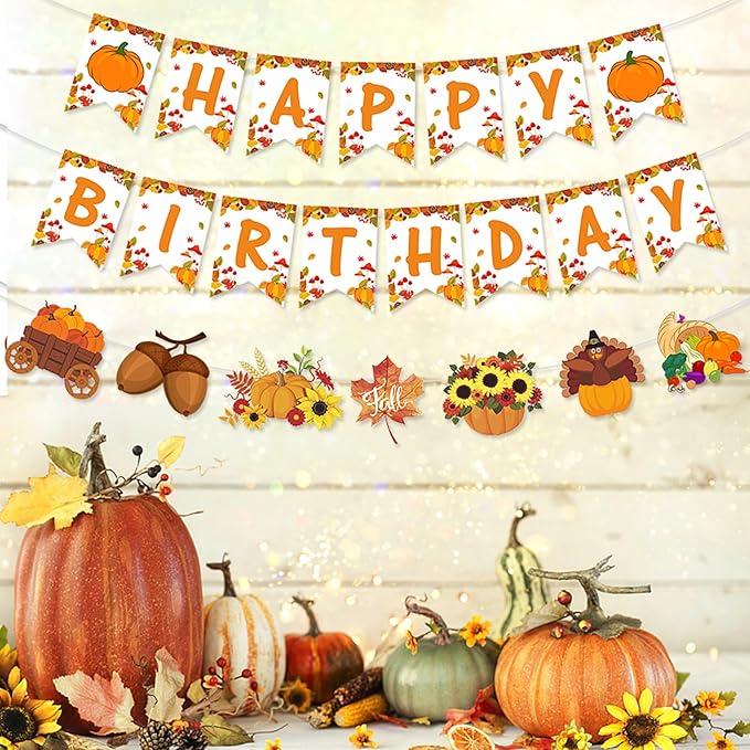 Fall Thanksgiving Happy-Birthday Party-Decorations Banner - 2pcs Orange Garland,Autumn Pumpkin Turkey Flowers Maple Leaves Hanging Swirls Streamers Decor Panduola