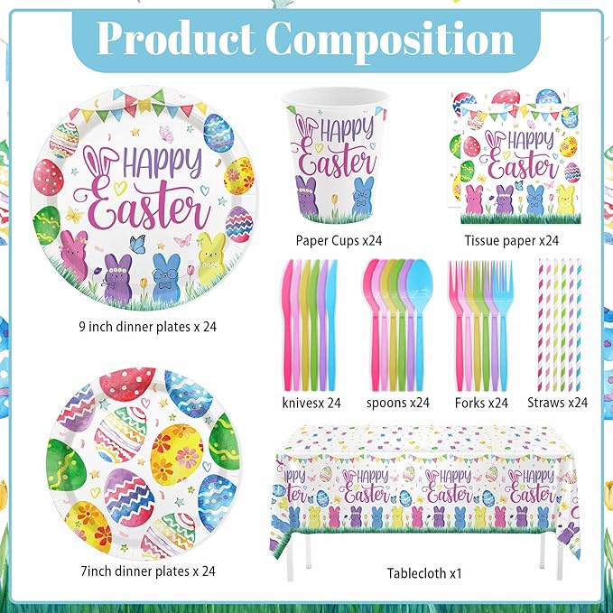 MEHOFOND 194pcs Easter Plates and Napkins, Happy Easter Paper Plates and Napkins Disposable, Spring Colorful Bunny and Eggs Theme Round Tableware, Rabbits Easter Party Supplies Table Decor, Serves 24