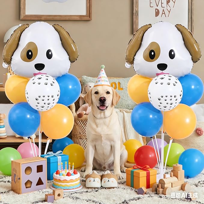 Dog Emoticon Balloon Table Centerpiece Stand Kit 2 Sets for Table with 2 PCS Dog Head Foil Balloons, 14 PCS Paw Print Yellow Blue Latex Balloons for Puppy Birthday, Doggy Party Decorations Supplies