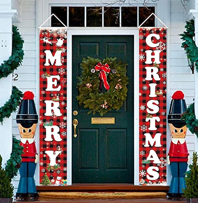 Fecedy MERRY CHRISTMAS Hanging Banner Porch Sign & Christmas Stree Snow Pattern Backdrop for Home Yard Indoor Outdoor Wall Door Party Decorations 72"x12"