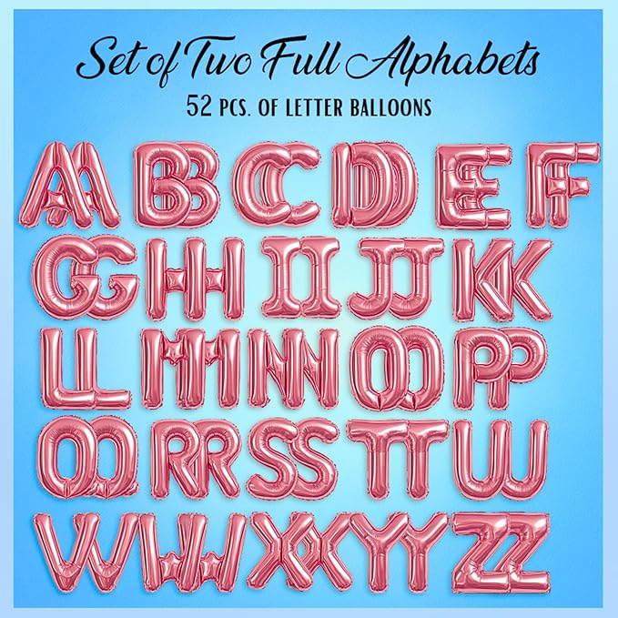[52pcs] Rose Gold Letter Balloons - 2 Full A-Z Sets For Rose Gold Letter Balloon Banner | Alphabet Ballons | 16 inch Foil Ballon | Customized Name Balloon Letters for a Birthday, Graduation, Wedding