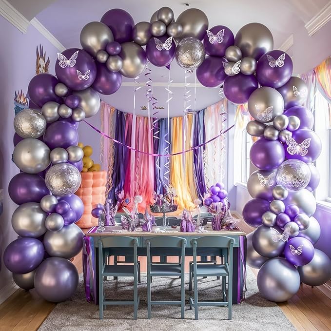 Purple Silver Balloon Arch Kit, Metallic Purple Silver Butterfly Balloons with Butterfly Stickers for Kids Butterfly Party Decorations Birthday Balloons Baby Shower Engagement Party Supplies