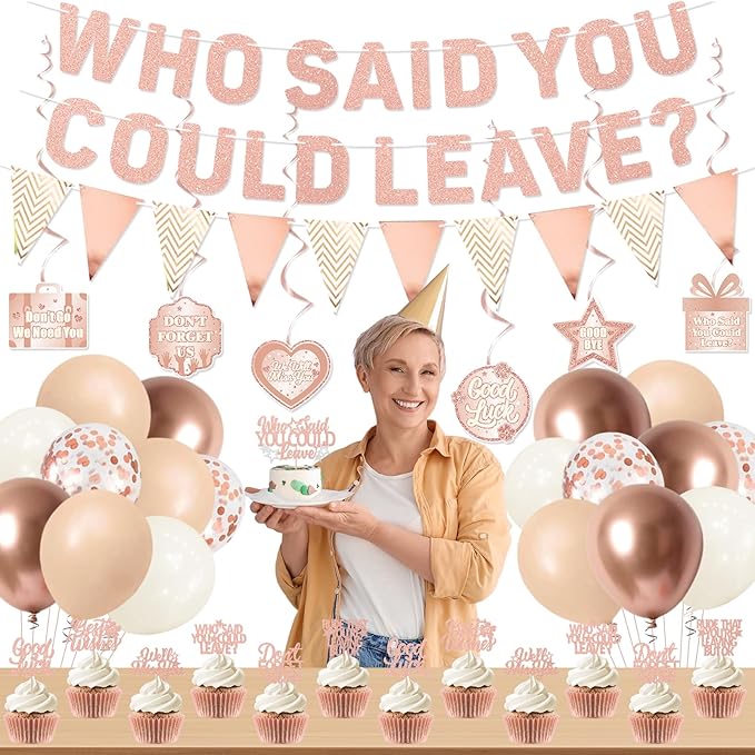 Roetyce Farewell Party Decorations, Pink Who Said You Could Leave Banner Cake Toppers Balloons Hanging Swirls, Rose Gold Going Away Retirement Leaving Party Decorations Coworker Goodbye Party Supplies