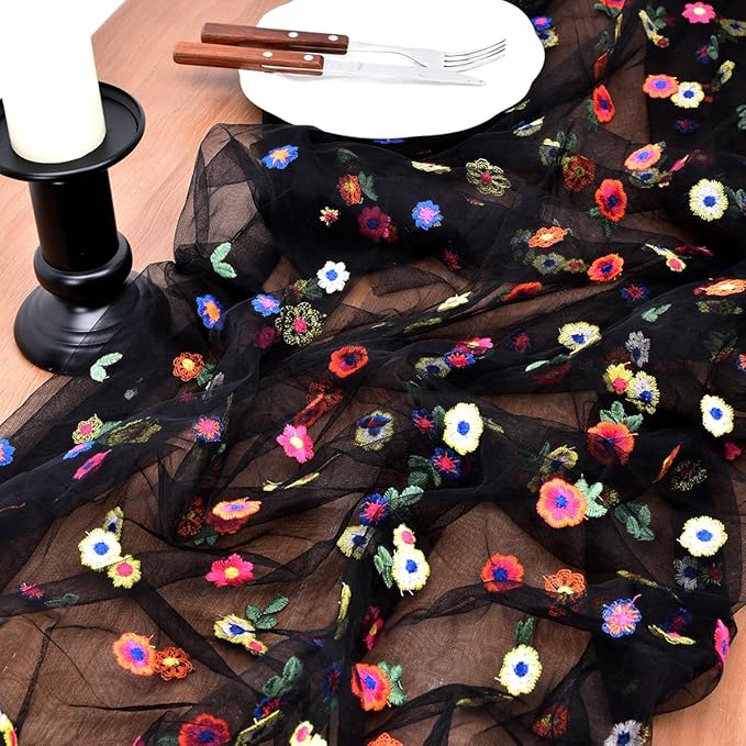 Joanlody 3pcs Black Embroidery Daisy Spring Summer Table Runner 10ft Florals Seasonal Easter Tulle Table Runner Holiday Kitchen Dining Table Decoration for Home Party Indoor