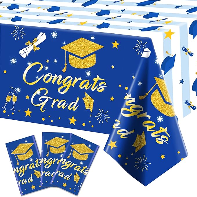 Graduation Tablecloth Party Decorations 2026 3 Pack Blue Large Size 54"x108" Congrats Grad Disposable Rectangle Table Covers Plastic Table Cloth for College High School Class of 2026 Party Supplies