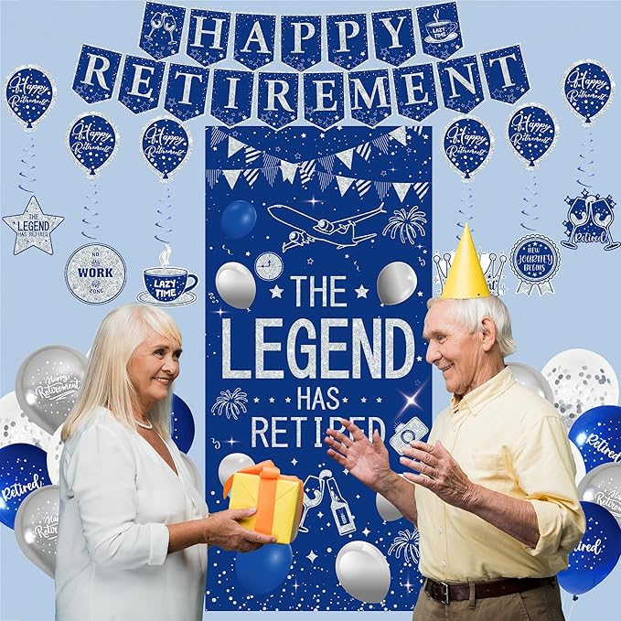 Roetyce Retirement Party Decorations for Men Women, Blue Silver Happy Retirement Banner Balloons Hanging Swirls Kit, Lengend Has Retired Backdrop for Coworker, Office Retired Party Supplies