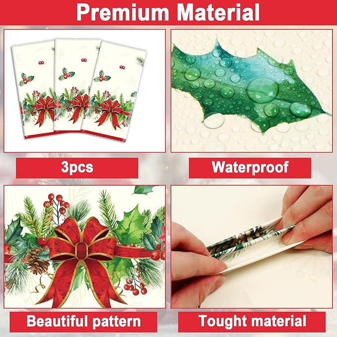 OBUSATT 3pcs Christmas Party Tablecloth Holly and Pine Cone Merry Christmas Holiday Table Cloth 108 x 54 Inch Rectangle Waterproof Xmas Holiday Table Cover Decorations for Christmas Party Supplies