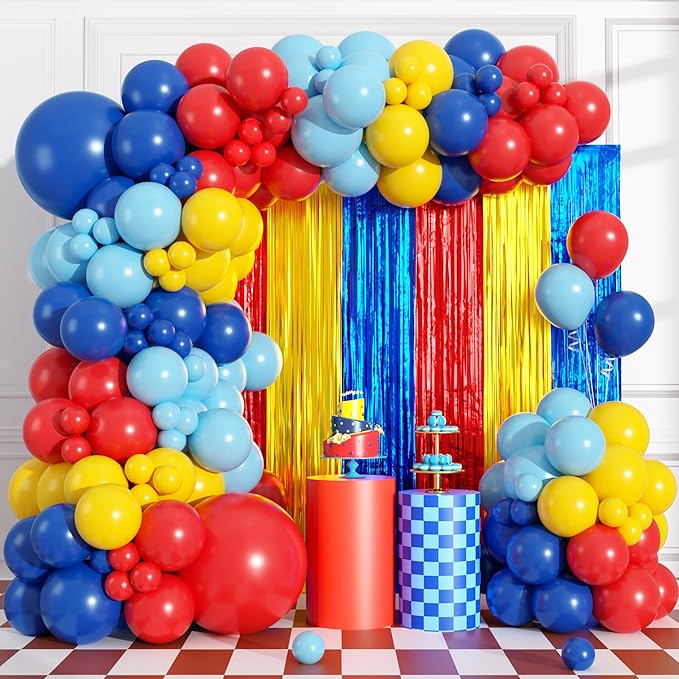 Red Blue Yellow Balloon Arch Garland Kit Birthday Party Decorations, Video Game Foil Fringe Backdrop Tinsel Streamers Banner Photo Booth Props Cartoon Theme Carnival Circus Hero Party Decor Supplies