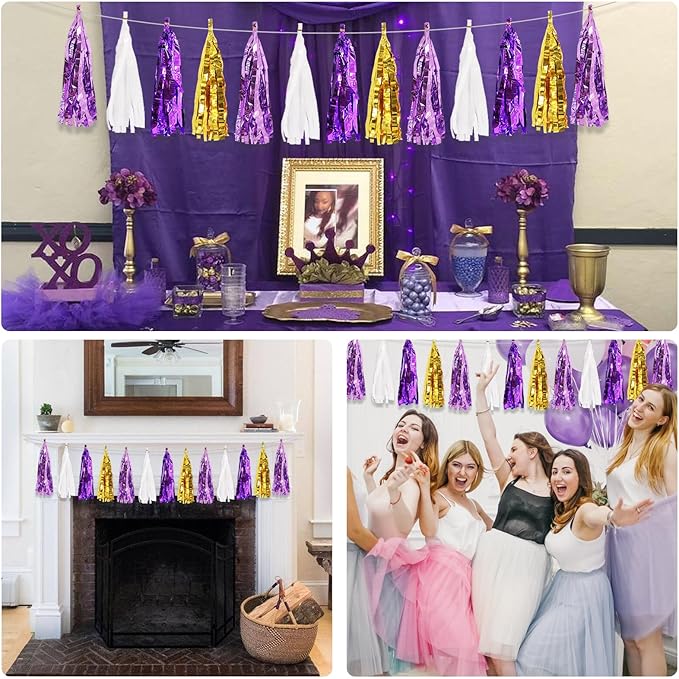 BEISHIDA 3 Packs Purple Gold White Metallic Foil Fringe Tassel Garland Banner Streamers for Graduation Birthday Wedding Bridal/Baby Shower Engagement Girl Theme Halloween Holiday Party Decoration