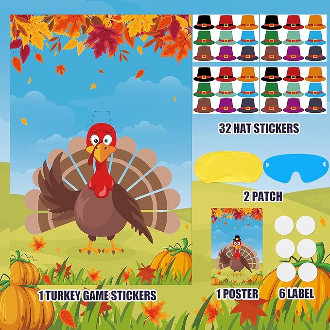 Hooqict Thanksgiving Games for Kids Party Pin The Hat on The Turkey Games Thanksgiving Activities Fall Autumn Party Decorations, Large Pin The Tail Game Poster with 36 Hat Stickers