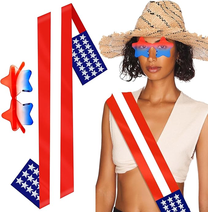 Red White and Blue Decorations American Flag Sash and Star Sunglasses Sets Costume 4th of July Decorations Party in The Usa Cowboy Sash Us Citizenship Gifts Party Favors