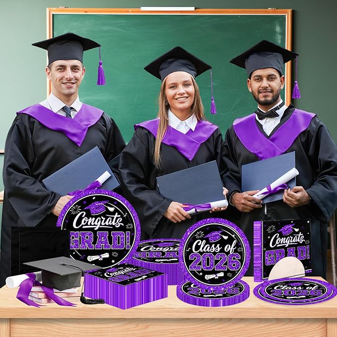 Graduation Decorations 2026 Graduation Party Plates and Napkins Set Black Purple Class of 2026 Graduation Party Supplies for Congrats Grad Party Decor, Serve 50