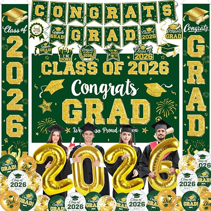 Graduation Decorations Class of 2026 - Green and Gold Graduation Party Supplies Include Backdrop, Banner, Hanging Swirls, Porch Sign, Balloons for Congrats Grad Decorations