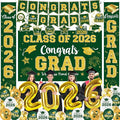 Graduation Decorations Class of 2026 - Green and Gold Graduation Party Supplies Include Backdrop, Banner, Hanging Swirls, Porch Sign, Balloons for Congrats Grad Decorations