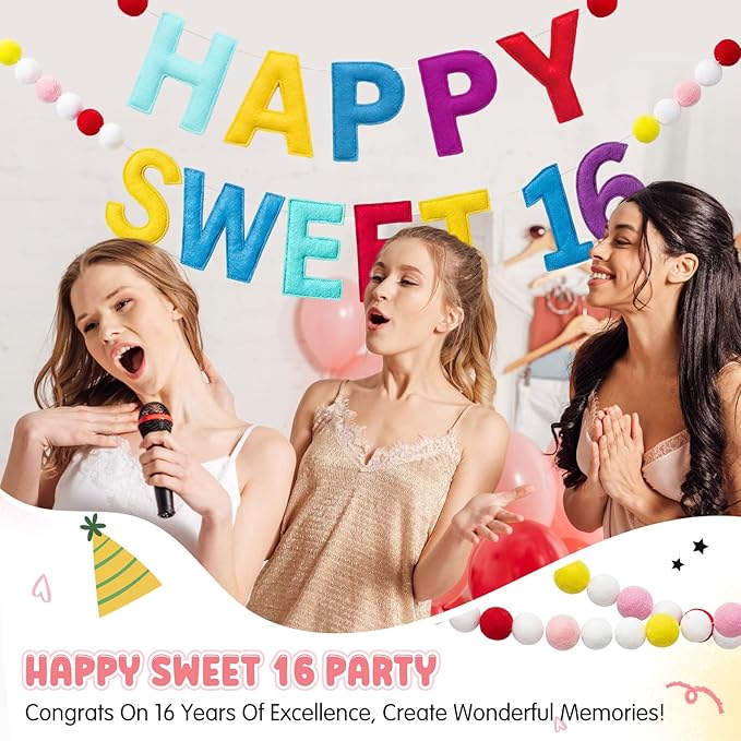 Fulmoon Pre Strung Happy Sweet 16 Banner Sixteenth Birthday for Girls Decorations Sweet 16th Party Sign for Birthday Bachelorette (Vibrant,Felt,Macaron Color)