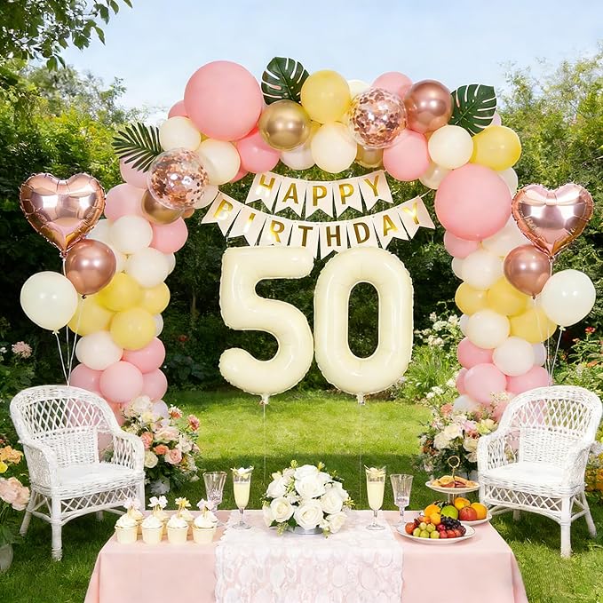 50th Birthday Decorations for Women, Retro Sand White and Cream Balloon Garland Kit, Cream Number 50 Balloon, Pink Happy 50th Banner, Milestone Party Supplies
