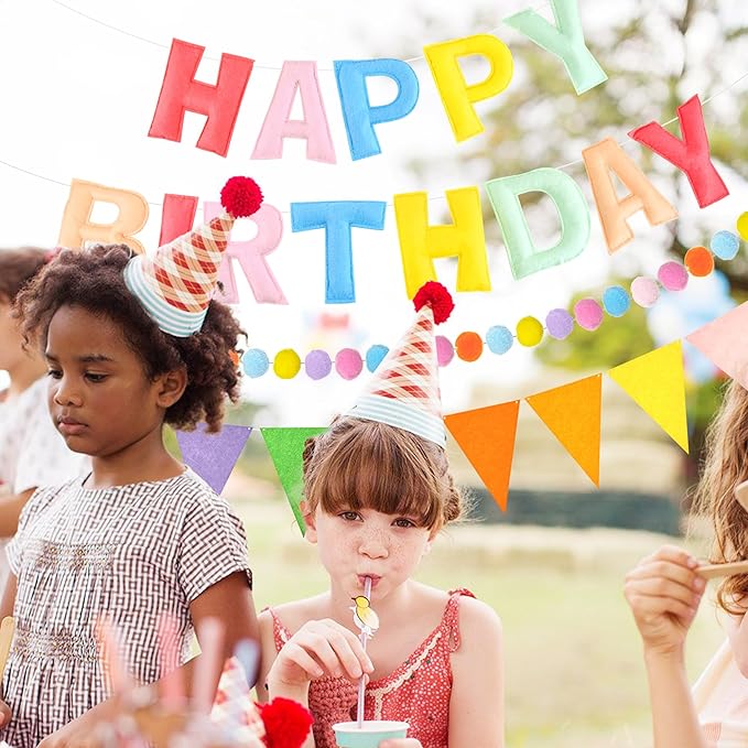 CANREVEL Pre-Strung 3D Happy Birthday Banner, 3 PCS Pastel Felt Garland, Pom Pom Garland, Triangle Fabric Bunting, Reusable Pastel Birthday Decorations for Women Girl