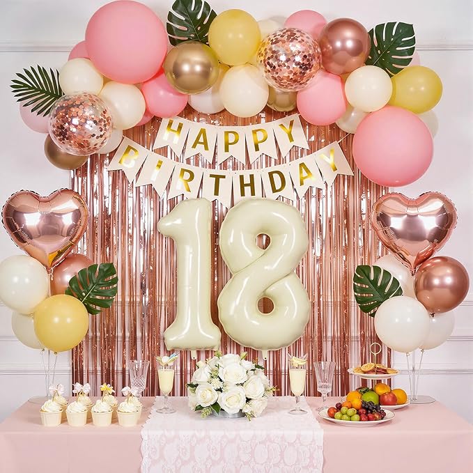 18th Birthday Decorations for Girl, Retro Sand White and Cream Balloon Garland Kit, Cream Number 18 Balloon, Pink Happy 18th Banner, 18 Year Old Party Supplies