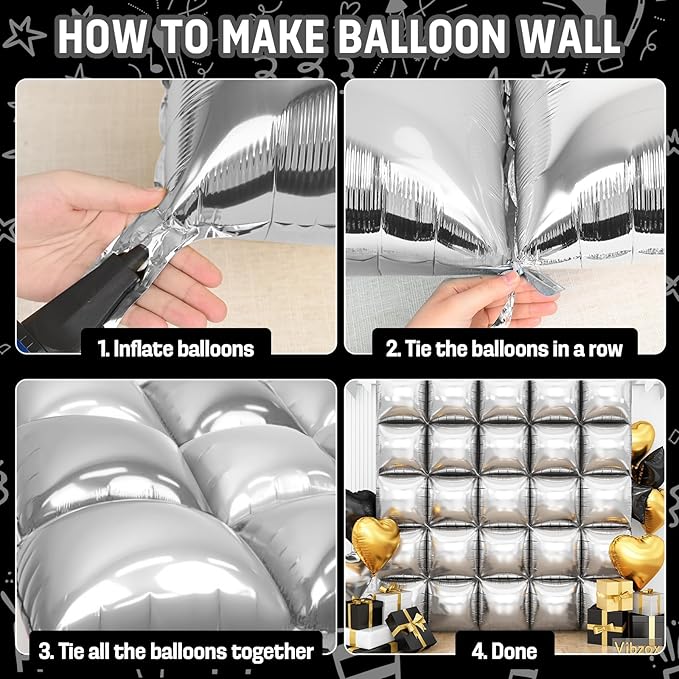 Silver Square Foil Balloons Wall, Double Sided Chrome Silver Balloons Tunnel Arch Kit Backdrop for Birthday Graduation New Year Baby Shower Wedding Holiday Theme Party Decoration