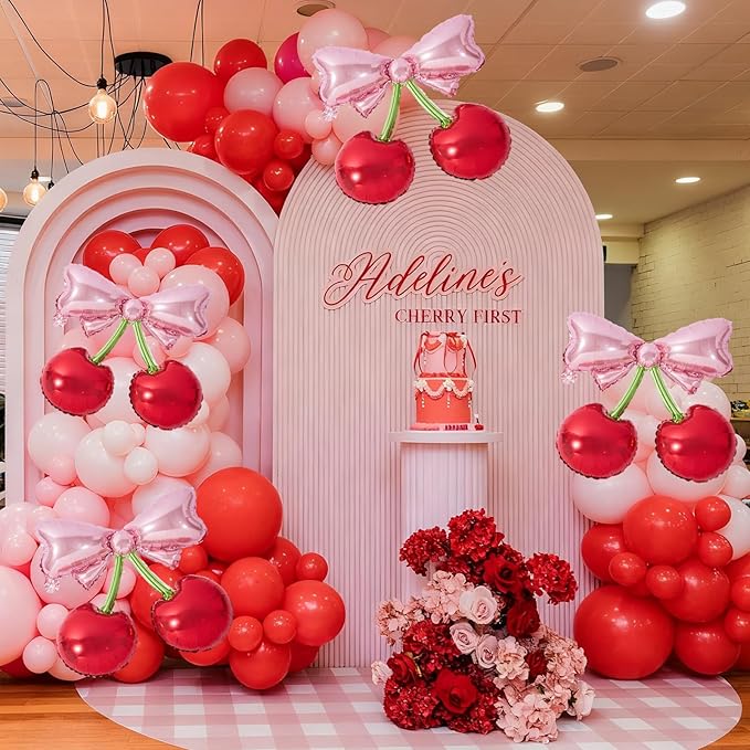 4Pcs Pink Bow Red Cherry Balloons for She's The Cherry On Top Party Foil Balloons Berry First Birthday Decorations Fruit Theme Baby Shower Bridal Wedding Party Supplies