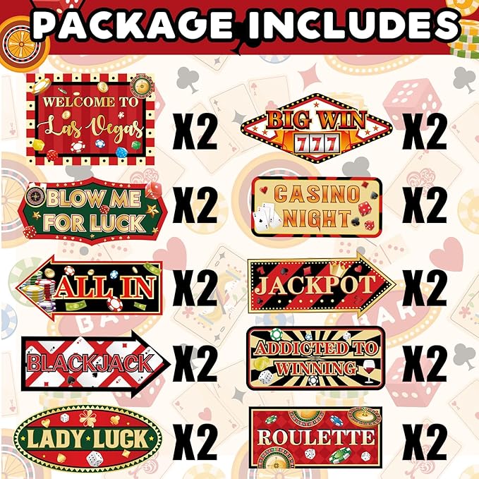 20 Pieces Casino Party Decorations Vegas Themed Party Directional Signs Casino Signs Welcome to Las Vegas Party Decorations Casino Night Poker Chip Dice Birthday Party Supplies
