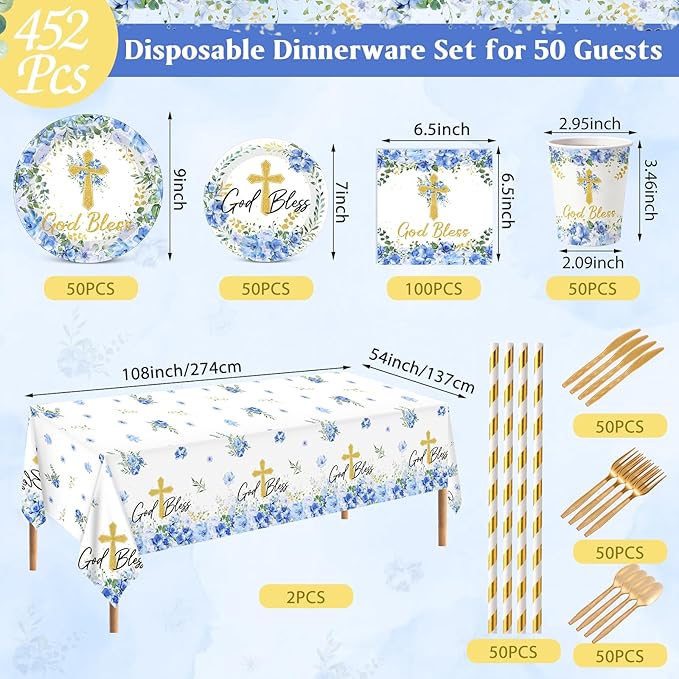 LemonRoad 452 Pcs God Bless Baptism Theme Party Decoration for 50 Gold Bless Flower Disposable Paper Plate Napkin Cup Tablecloth Cutlery Straw First Holy Communion Supplies for Christening Baby Shower