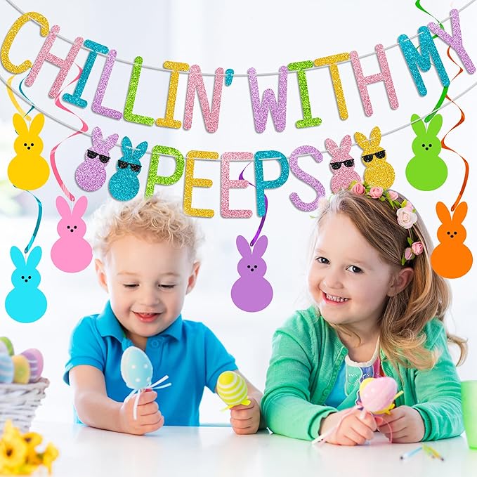 Glitter Chillin with My Peeps Banner with Bunny Hanging Swirls - NO DIY - Easter Party Decorations, Happy Easter Banner for Spring Easter Bunny Party Supplies Easter Peeps Decorations