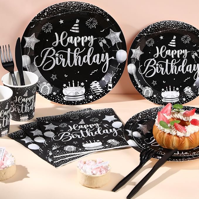 Vesici 171 Pcs Happy Birthday Party Supplies 24 Set Disposable Party Tableware include Plates Cups Napkins Cutlery and Banner Tablecloth Birthday Dinner Decorations for Men Woman(Black, Silver)