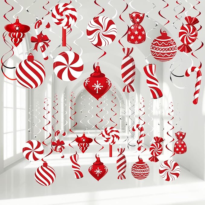 Funrous 56 Pcs Christmas Peppermint Candy Hanging Swirls Decorations Red and White Holiday Party Streamers for Home Winter Holiday Christmas Party Decor(Red White)