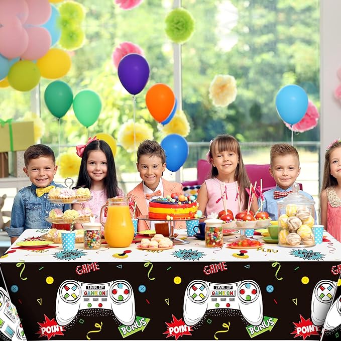 Tatuo 3 PCS Video Game Table Cover, Game Theme Birthday Decoration Plastic Table Cloth Party Supplies for Boys Girls Kids Player Geek Party Decorations, 54 x 108 Inch (Cool Black)